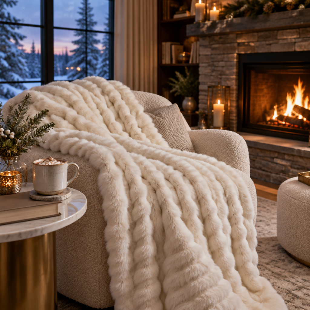 Ivory faux fur throw draped over an armchair by the fireplace