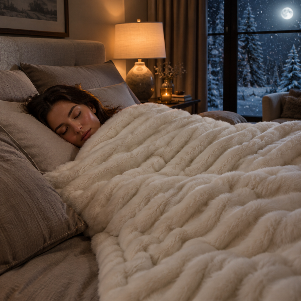 Woman sleeping under the ivory faux fur weighted throw on a winter night