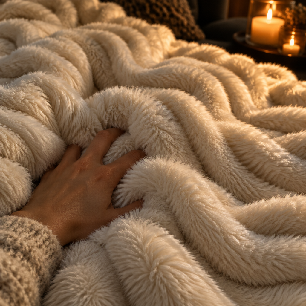 Close-up of the ruched wavy faux fur texture