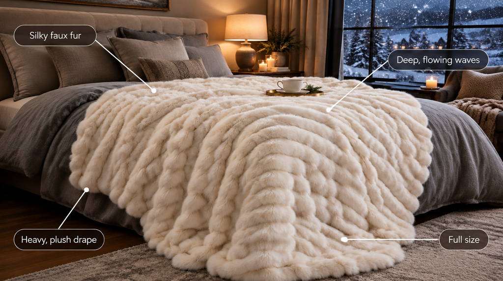 Luxe faux fur throw features: silky faux fur, deep flowing waves, heavy plush drape, full size
