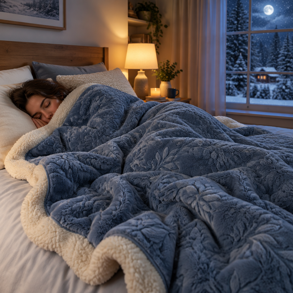 Dusty blue jacquard sherpa blanket on a queen bed on a snowy night