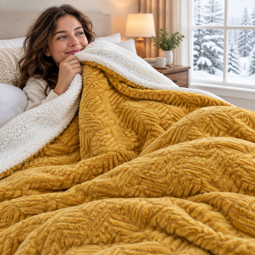 Woman snuggled in bed under a mustard jacquard flannel sherpa blanket on a snowy morning