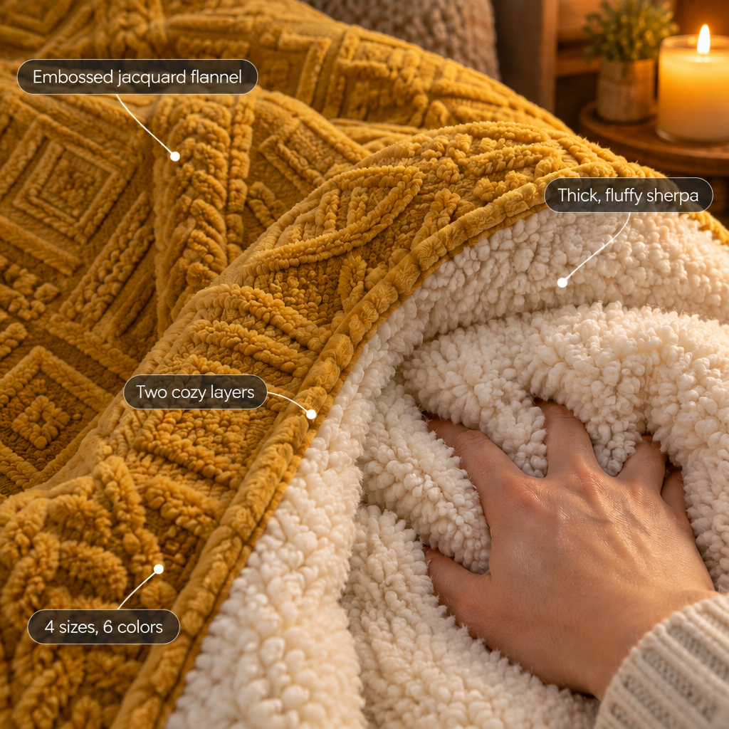 Jacquard sherpa blanket features: embossed jacquard flannel, thick fluffy sherpa, two cozy layers, 4 sizes and 6 colors