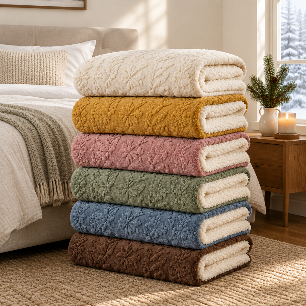 Six full-size jacquard sherpa blankets stacked at the foot of a bed in brown, blue, sage, pink, mustard and cream