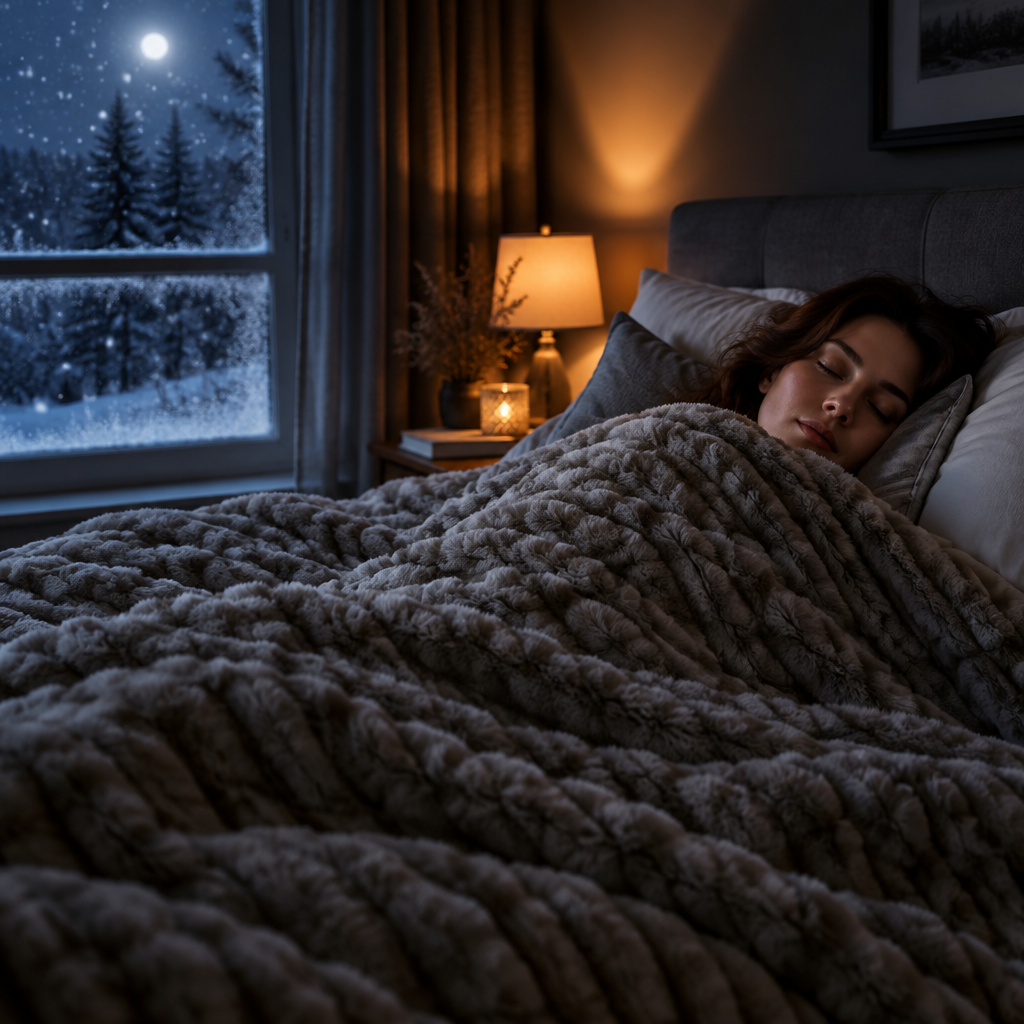 Woman sleeping under the grey ribbed lamb fluff weighted blanket on a winter night