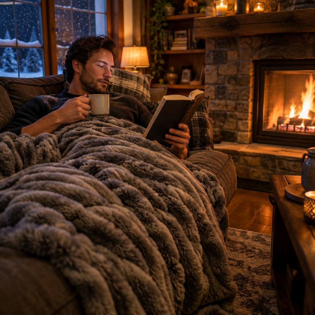 Man relaxing on a sofa under the grey ribbed weighted blanket by the fireplace