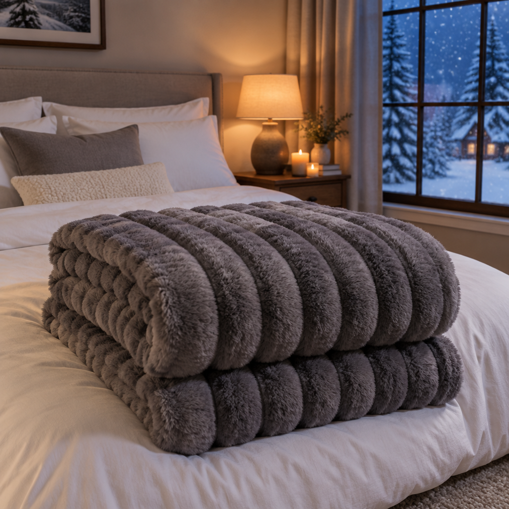 Grey chunky ribbed lamb-fluff weighted blanket folded on a bed on a snowy winter night