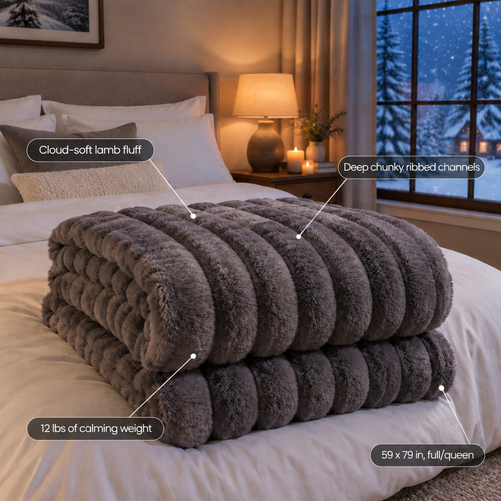 Lamb fluff weighted blanket features: cloud-soft lamb fluff, deep chunky ribbed channels, 12 lbs of calming weight, 59 x 79 in full/queen