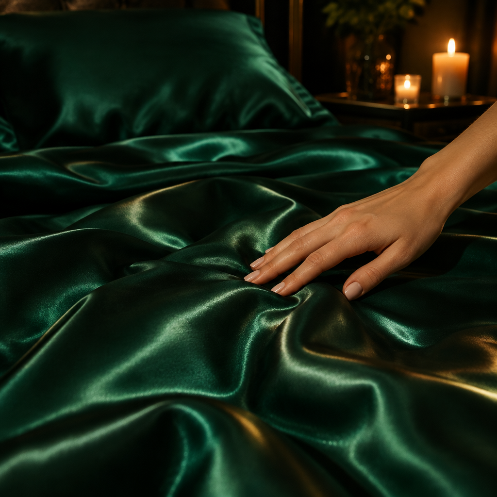 Close-up of emerald green satin bedding with a silky sheen