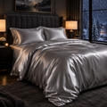 Silver satin bedding set on a king bed on a snowy winter night