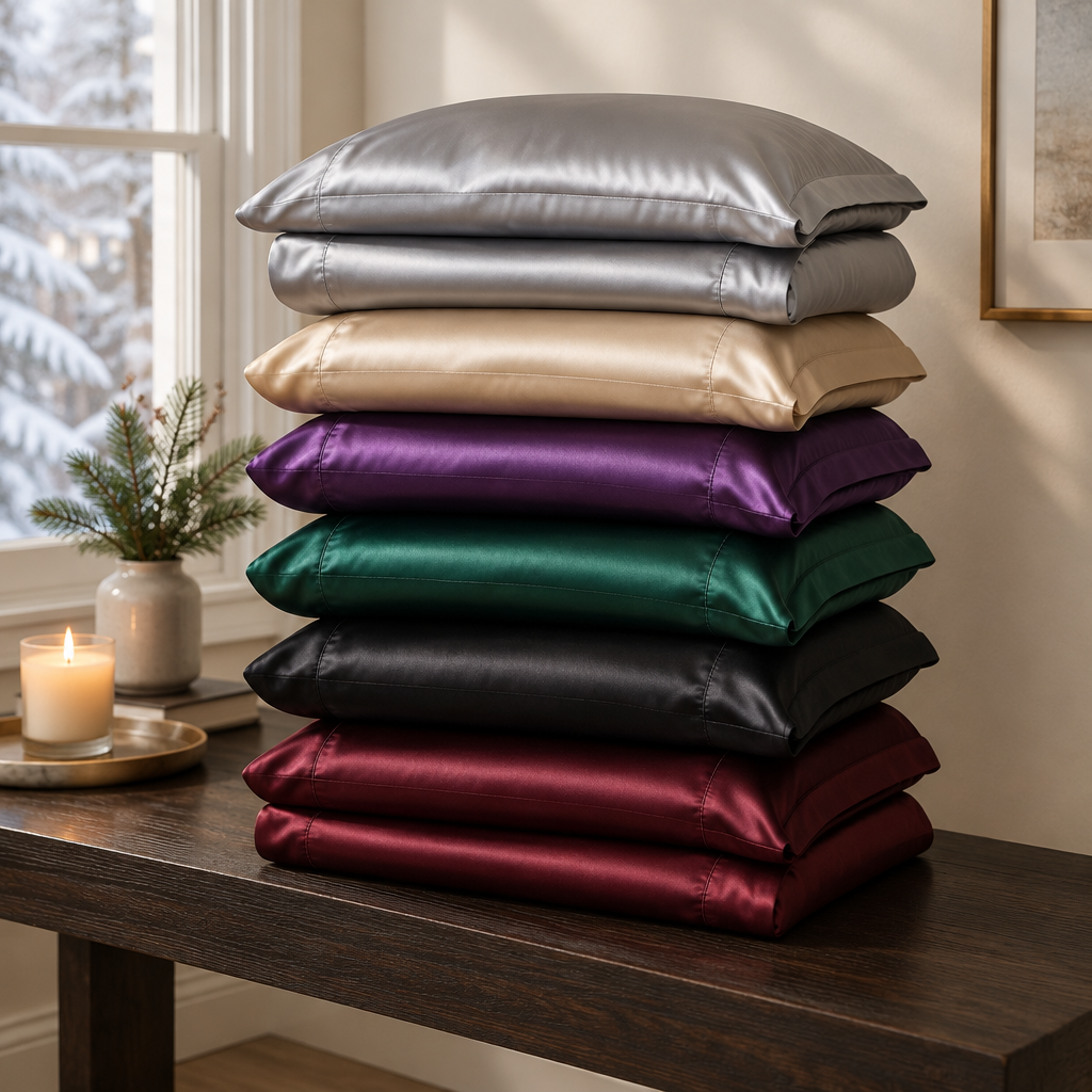 Satin bedding sets stacked in burgundy, black, emerald, plum, champagne and silver