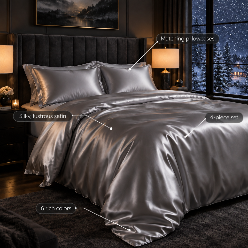 Satin bedding set features: silky lustrous satin, matching pillowcases, 4-piece set, 6 rich colors
