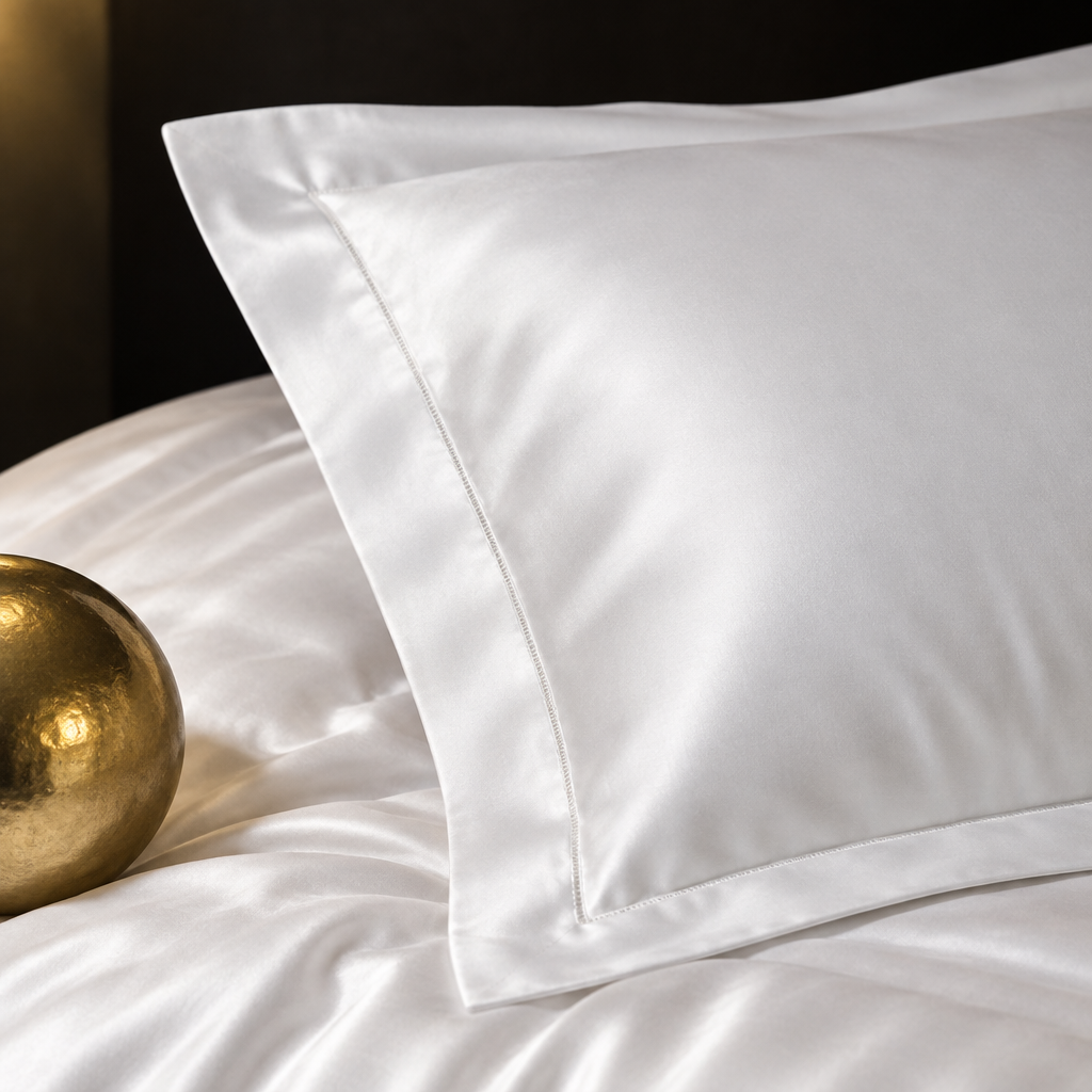 Close-up of a white bamboo flanged pillowcase with stitched border
