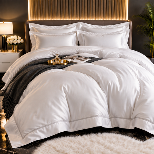 Puffy white bamboo sheet set with flanged pillowcases on a bed with a taupe leather headboard