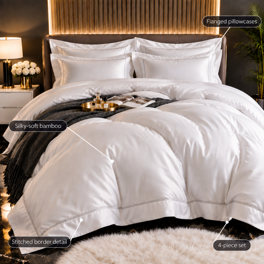 Bamboo sheet set features: silky-soft bamboo, flanged pillowcases, stitched border detail, 4-piece set