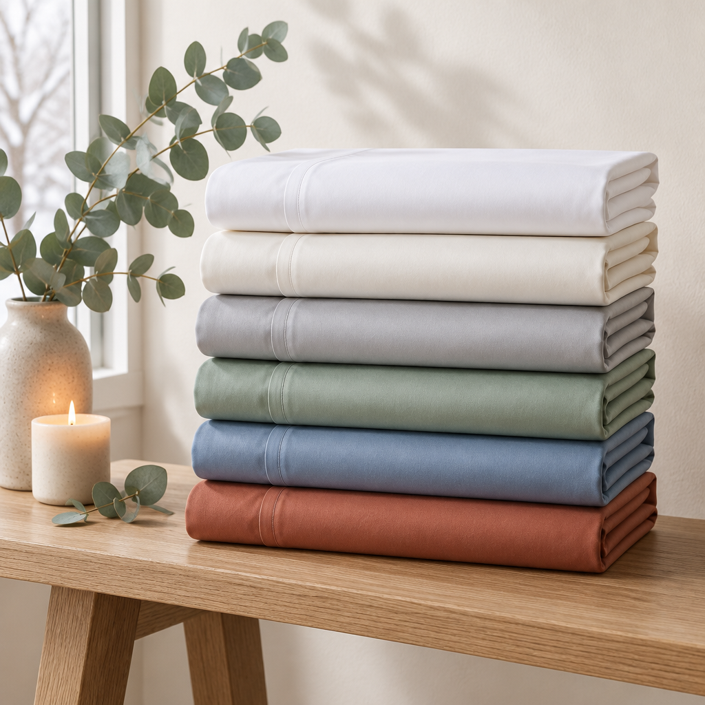 Eucalyptus lyocell bedding sets stacked in six colors