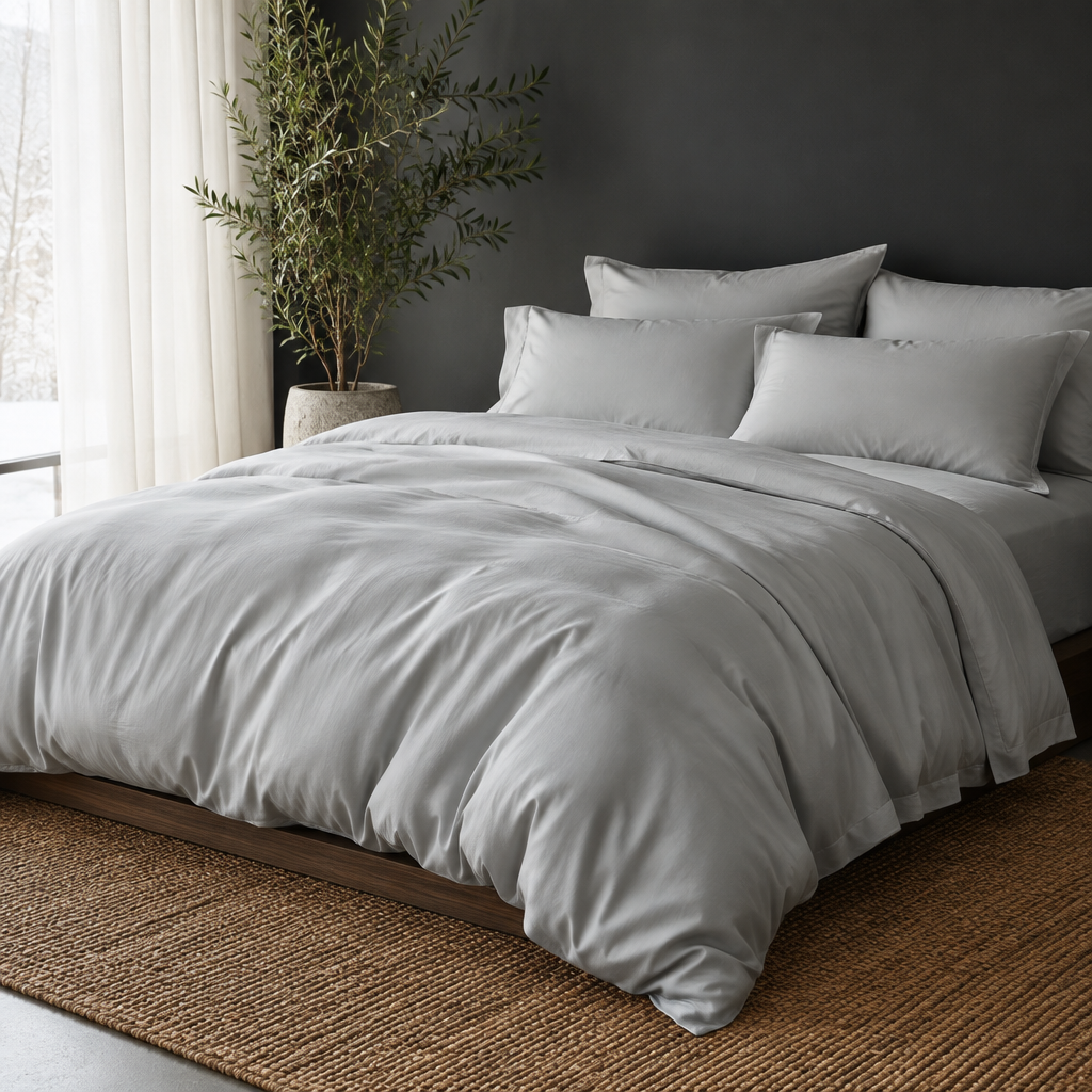 Light grey eucalyptus lyocell bedding set on a bed against a dark wall