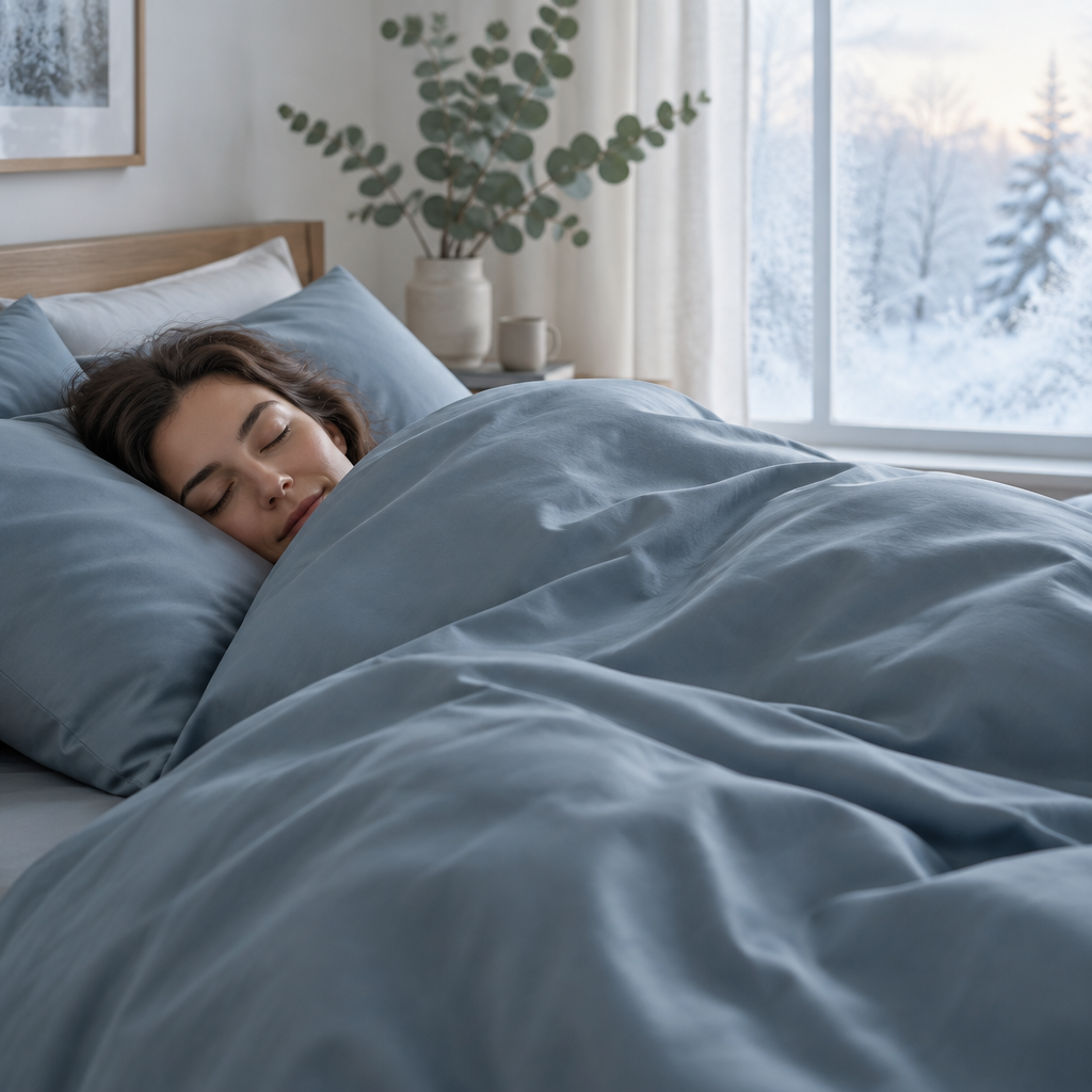 Woman sleeping in dusty blue eucalyptus lyocell bedding on a winter morning