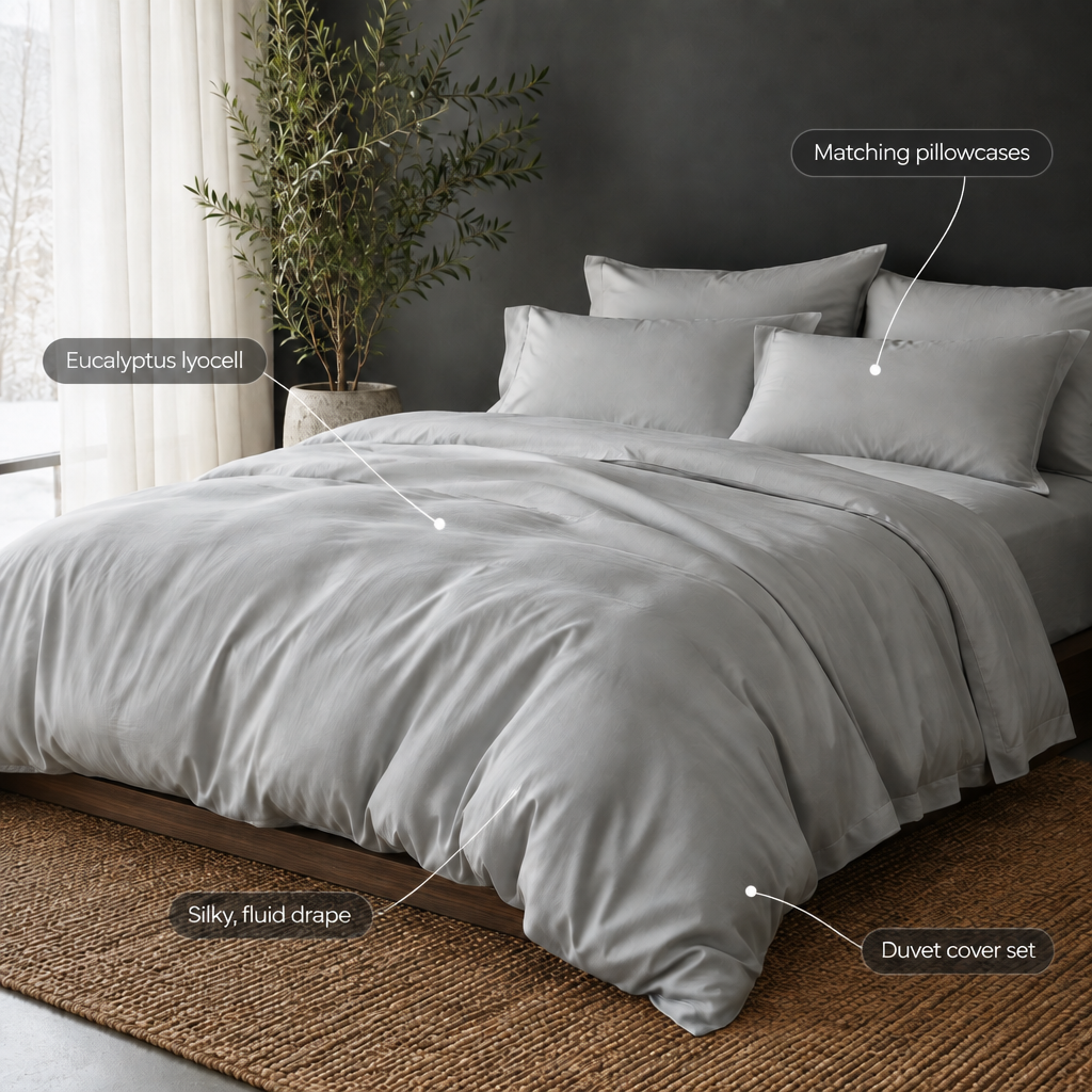 Eucalyptus bedding features: eucalyptus lyocell, silky fluid drape, matching pillowcases, duvet cover set