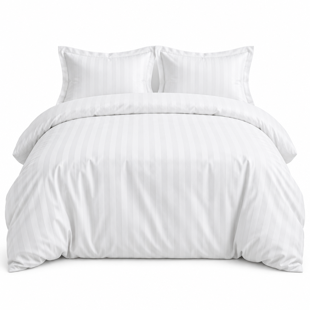 White satin-stripe cotton duvet and pillows on a white background