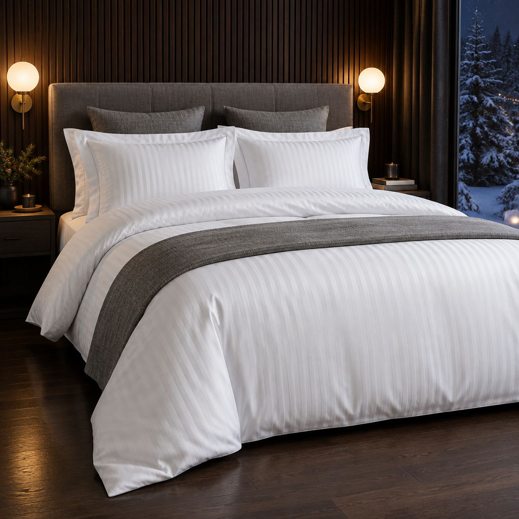 White satin-stripe cotton hotel bedding set on a bed in a dark moody bedroom