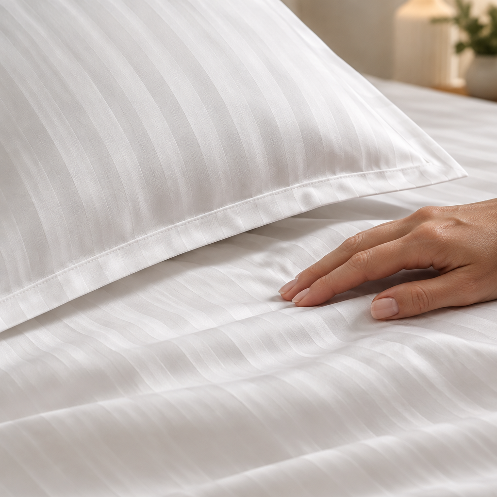 Close-up of the satin-stripe cotton weave and flanged pillowcase