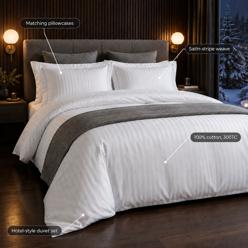 Hotel bedding features: 100% cotton 300TC, satin-stripe weave, matching pillowcases, hotel-style duvet set
