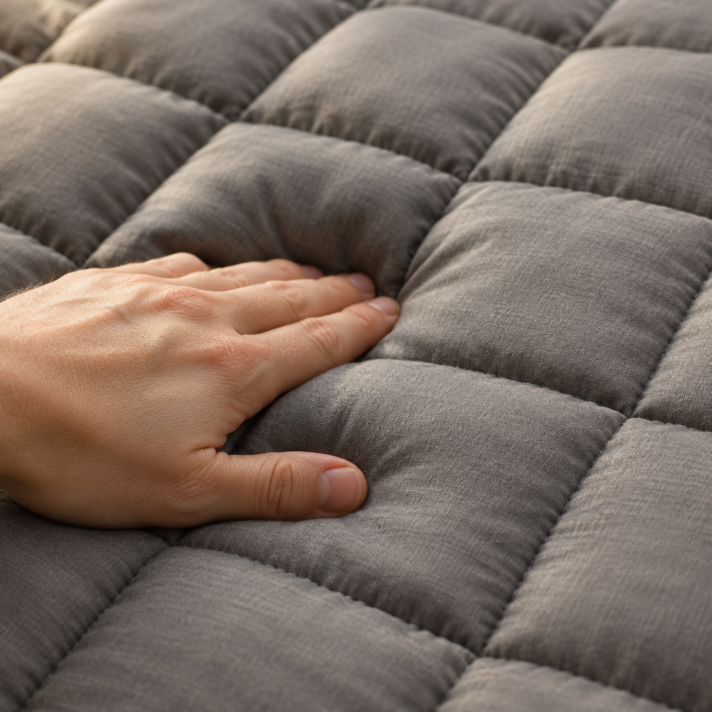 Close-up of the quilted pockets of the grey weighted blanket