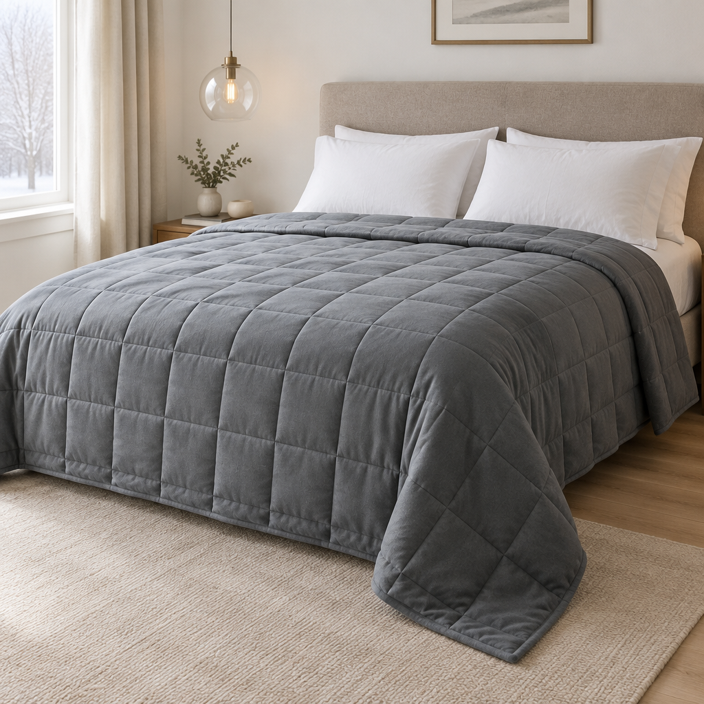 Grey weighted blanket with square quilting on a queen bed