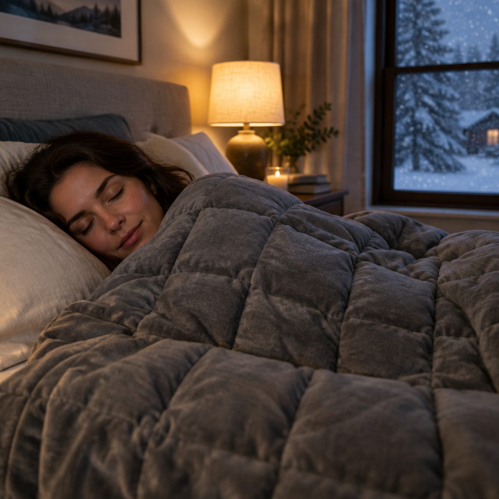 Woman sleeping under the grey weighted blanket on a winter night