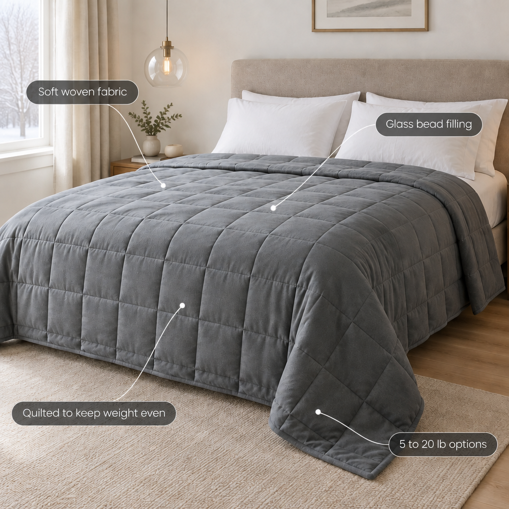 Weighted blanket features: soft woven fabric, glass bead filling, quilted to keep weight even, 5 to 20 lb options